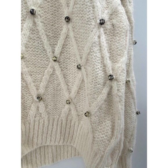 Eleven Six Zaria Ivory Beaded Baby Alpaca Knit V Keyhole Back Crewneck Sweater - Picture 4 of 7